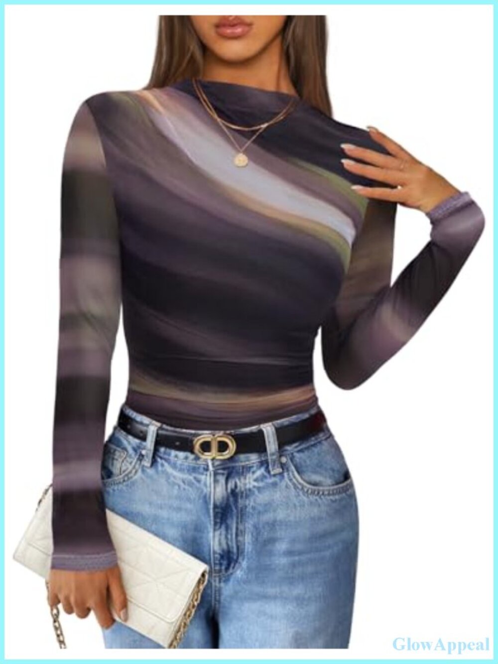 Mesh Long Sleeve Fitted Floral Print Mock Neck Blouse